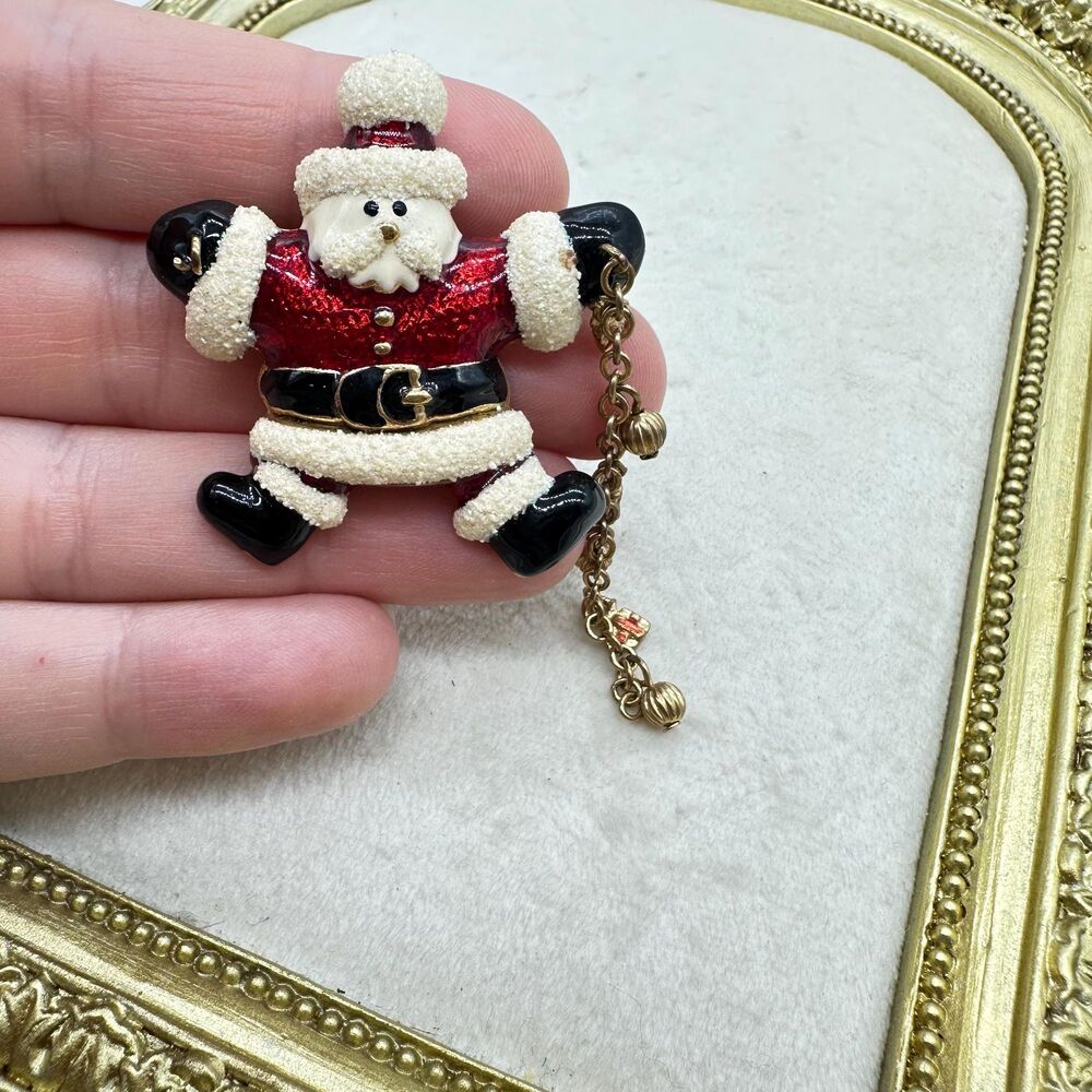 Vintage Christmas Brooch Santa Pin with Dangling Gifts